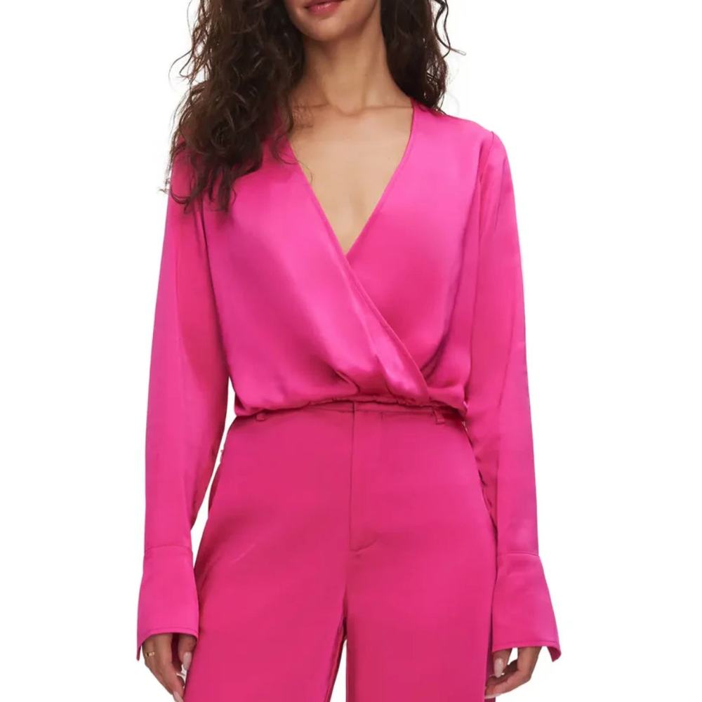 Good American Satin Wrap V-Neck Long Sleeve Blouse Top | Sz XS Pink NEW $149